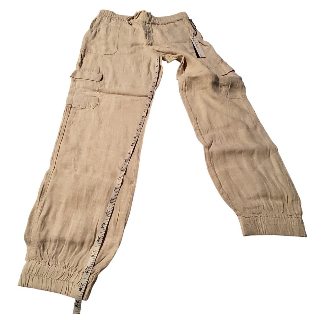 Linen Cargo Jogger Pants With Elastic Waist & Pockets Beige Lightweight Size L - Picture 5 of 11